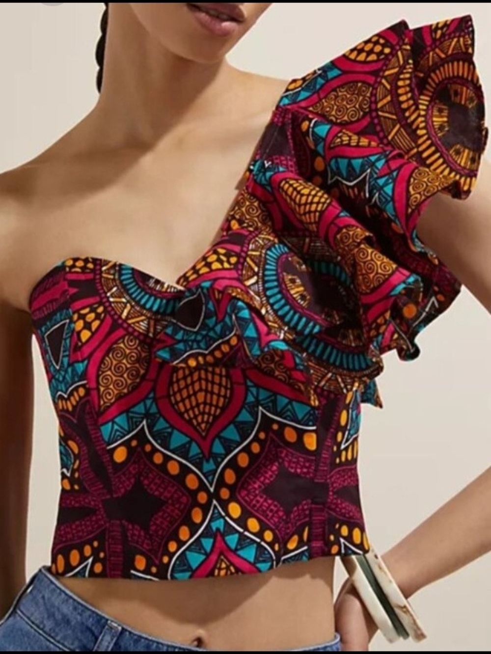 One-Shoulder Ruffle Crop Top in Multicolor Print